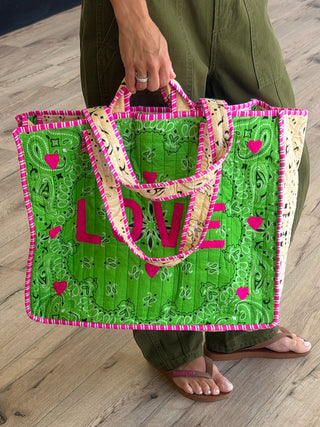 "LOVE" Bandana Quilted Tote Bag | Green