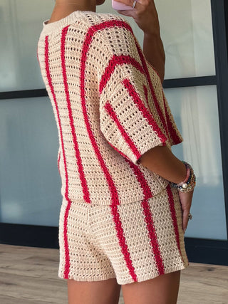 Sun Ray Open Knit Button Top | Red Stripe