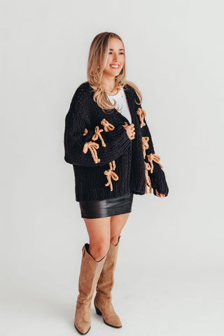 Chunky Knit Bow Cardigan | Black