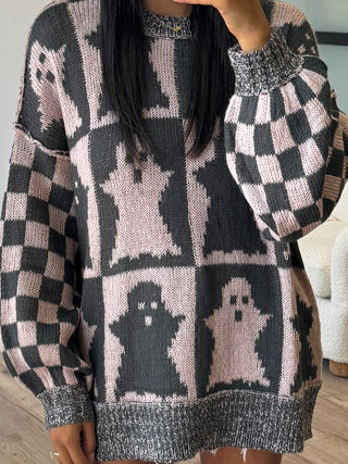 Oversized Checkered Ghost Sweater | Blush/Charcoal