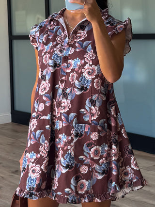 Denim Flutter Dress | Mocha Floral