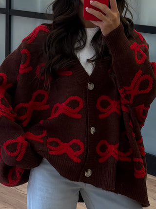 Eloise Bow Button Cardigan | Chocolate