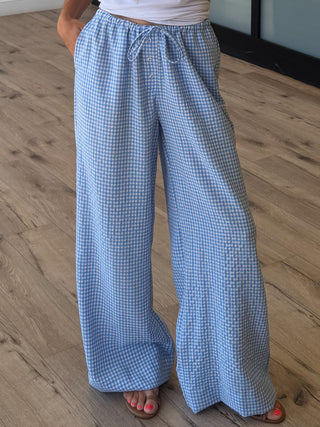 Gingham Leisure Wide-Leg Pants | Sky Blue