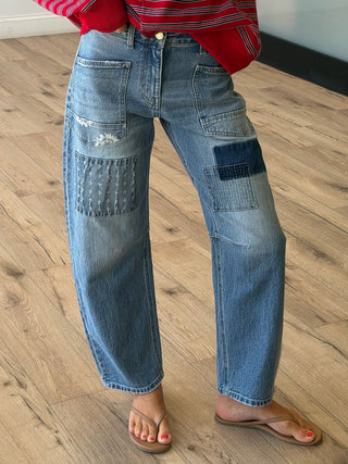 Stitched Together Barrel Jeans