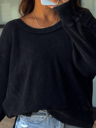 Banner Waffle Knit Top | Washed Black