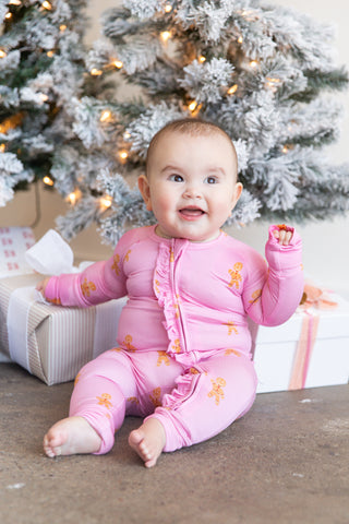 Gingerbread Joy Ruffle Sleep Onesie | Pink | Tiny Talulah