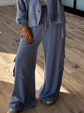 Ribbed Wide-Leg Cargo Pants | Misty Blue