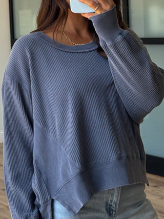 Banner Waffle Knit Top | Dusty Blue