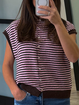 Zuri Button-Front Knit Vest | Black Cherry Stripe