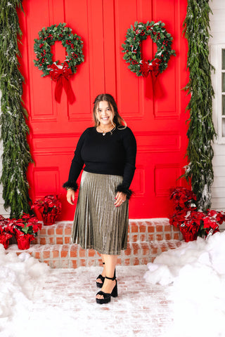 Metallic Pleated Midi Skirt