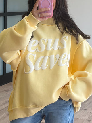 "Jesus Saves" Mock Neck Sweatshirt | Canary