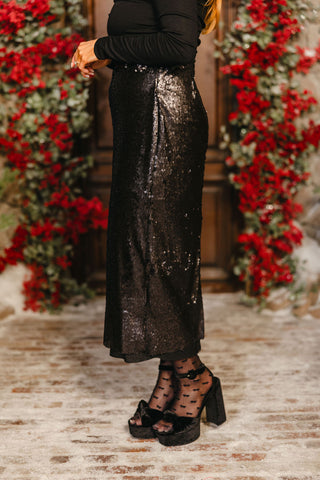 Shine Bright Sequin Midi Skirt | Black