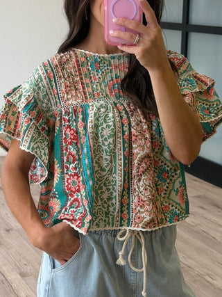 Avery Gathered Flutter Top | Paisley Desert