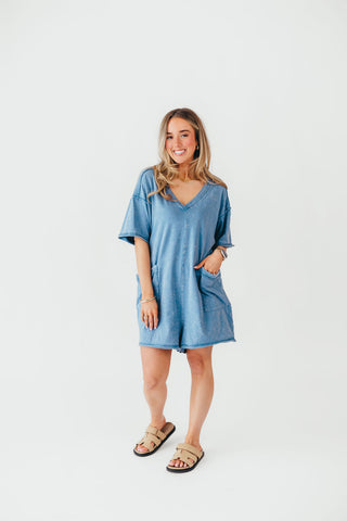 Mineral Wash Casual Romper | Steel Blue | +Plus Available