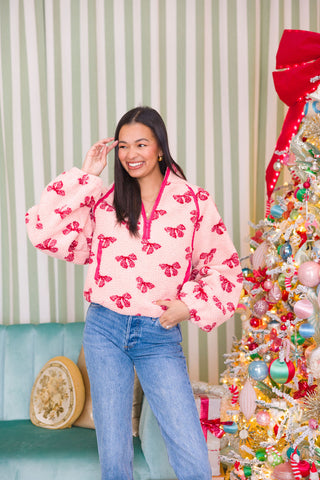 Teddy Half-Zip Pullover | Pink Bow