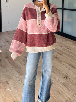 Kimora Stripe Henley Sweater | Raspberry