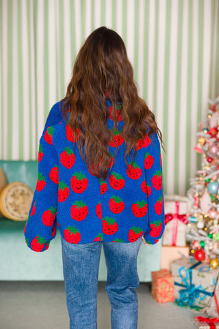 Printed Fleece Jacket | Blue Strawberry | +Plus Available