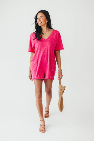 Mineral Wash Casual Romper | Hot Pink