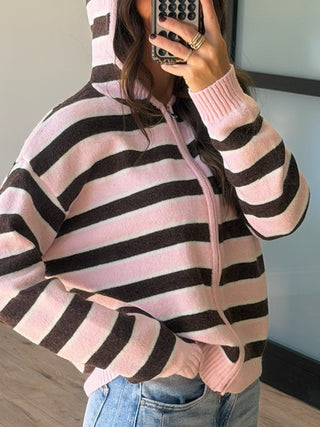 Aylia Zip-Up Knit Hoodie | Blush Truffle