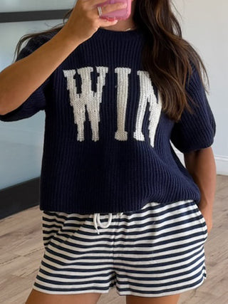 "WIN" Sweater Knit Top | Navy