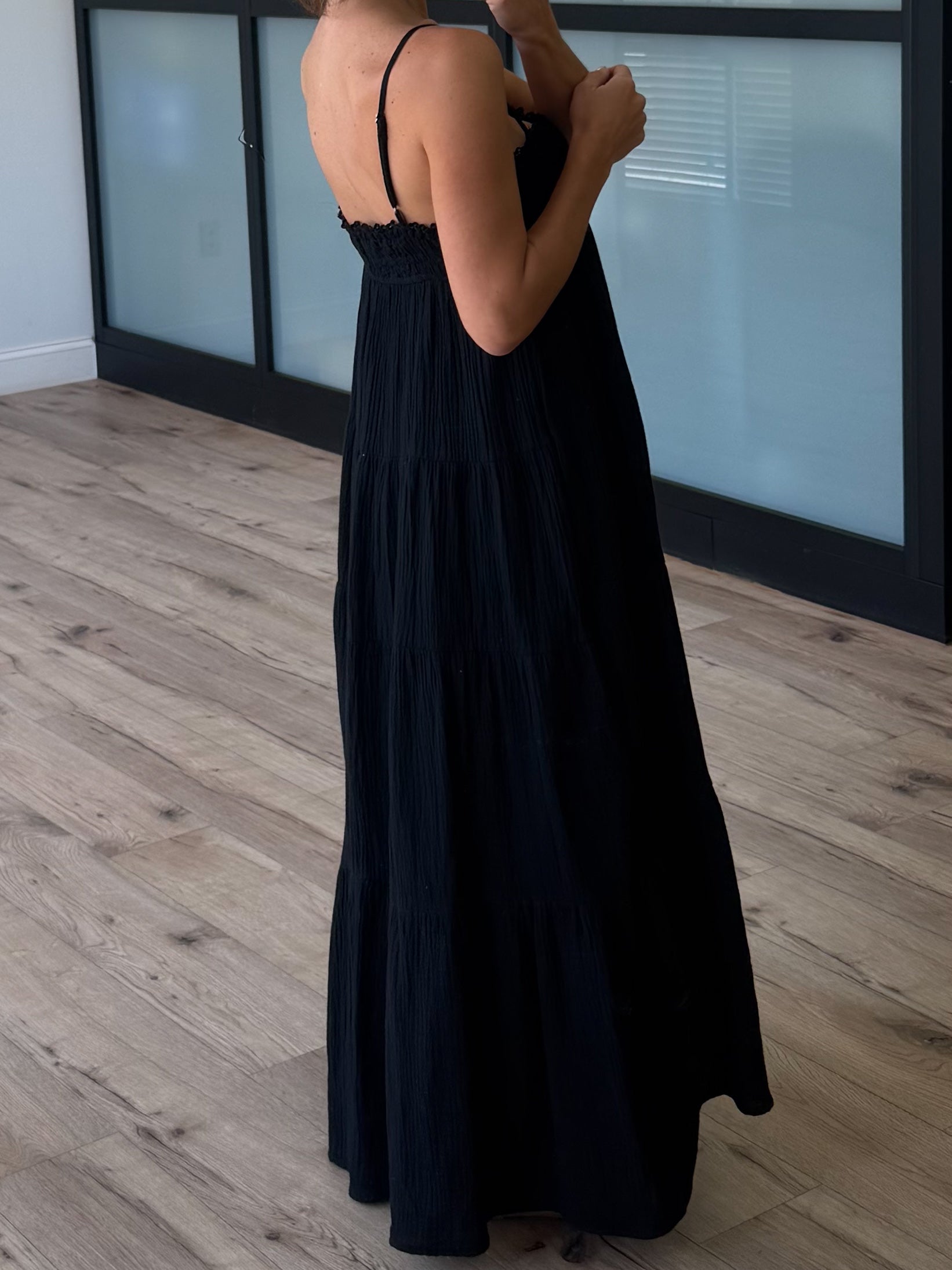 black tiered maxi dress Carried Away Maxi Dress