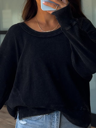 Banner Waffle Knit Top | Washed Black