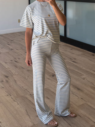 Miah Ribbed Knit Flare Pants | Pale Blue