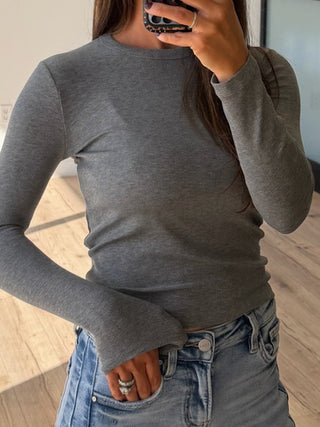 Cropped Essential Ribbed Long Sleeve | Grey | RESTOCK