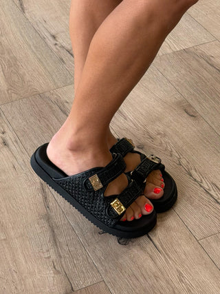 Rio Double Buckle Raffia Sandals | Black