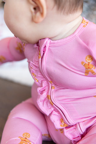 Gingerbread Joy Ruffle Sleep Onesie | Pink | Tiny Talulah