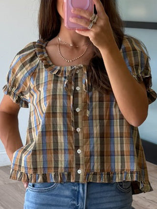 Saddlewood Plaid Puff Sleeve Top