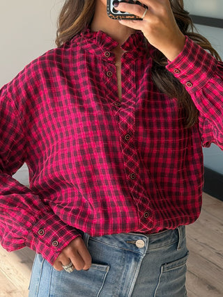 Threaded Grid Button-Down Top | Dark Berry