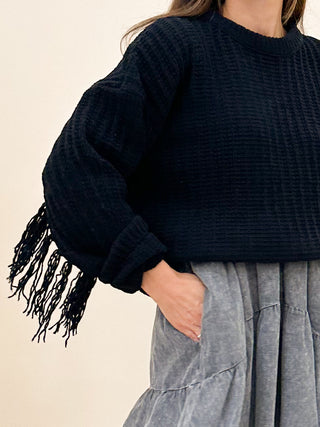 Chenille Knit Fringe Sleeve Sweater | Black | FINAL SALE