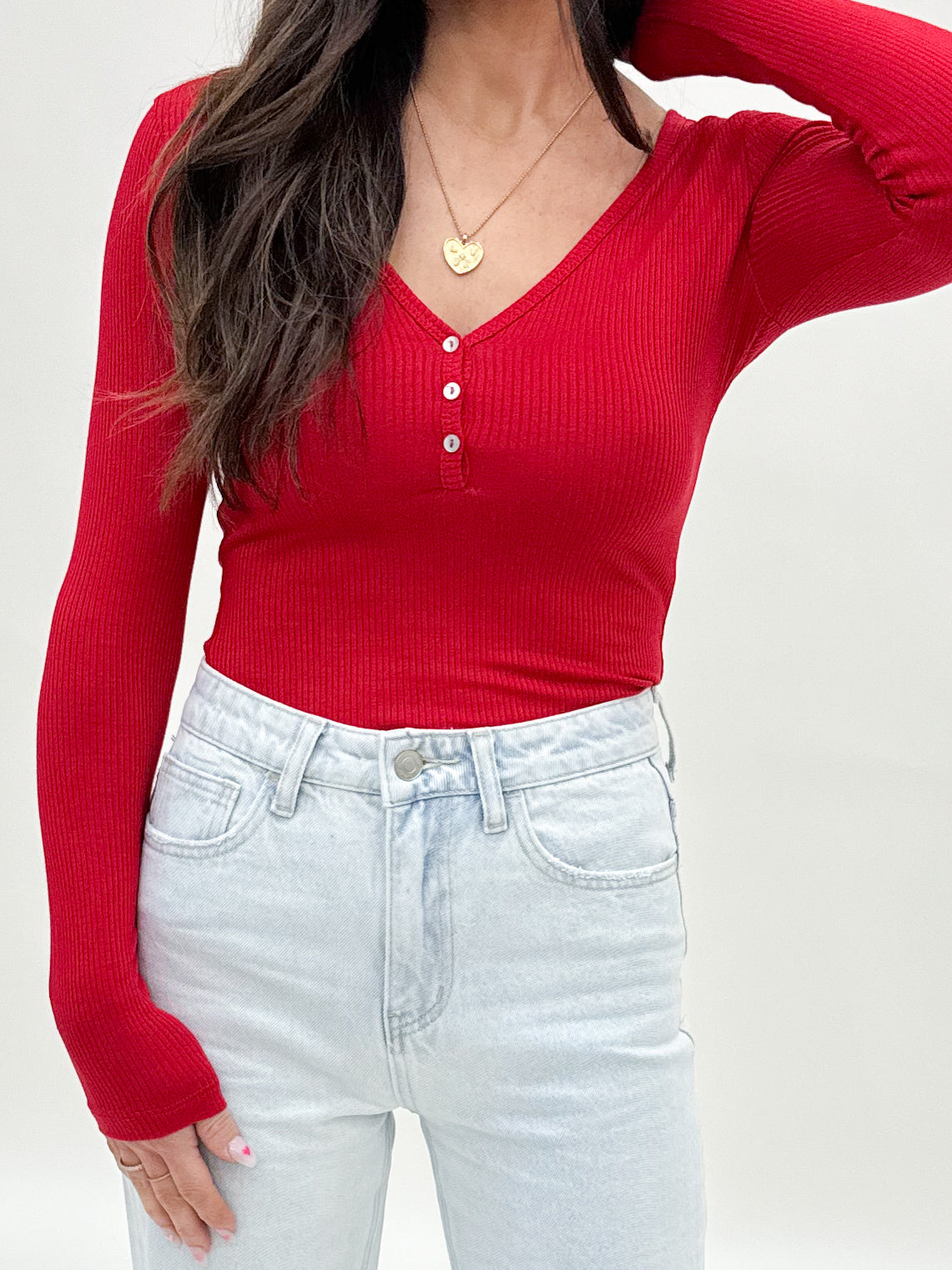 Ribbed Henley Top Red