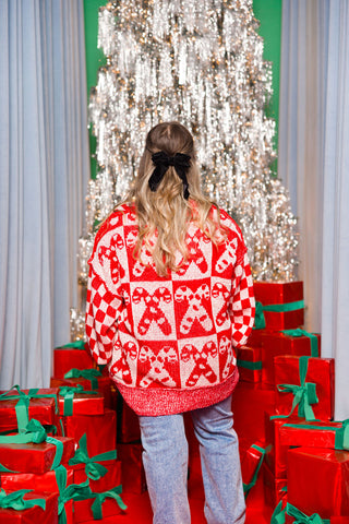 Oversized Checkered Candy Cane Sweater | Red/White | +Plus Available