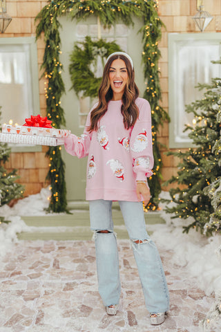 Jolly Santa Sequin Pullover | Pink | +Plus Available | RESTOCK