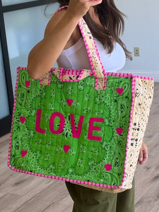 "LOVE" Bandana Quilted Tote Bag | Green