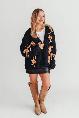 Chunky Knit Bow Cardigan | Black