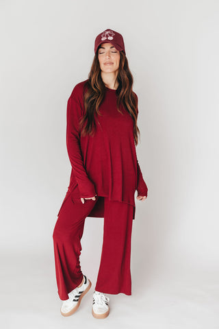 Ally Long Sleeve + Cropped Pants Set | Burgundy | +Plus Available