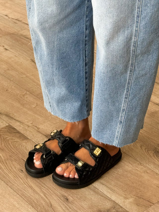 Quilted Velcro Slides | Black