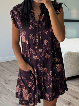 Evelyn Flutter Dress | Plum Floral | +Plus Available