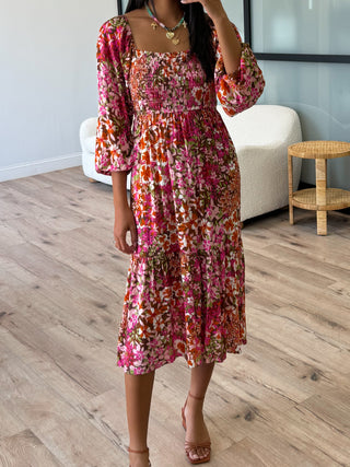 Autumn Floral Smocked Maxi Dress