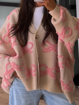 Eloise Bow Button Cardigan | Ballet Pink