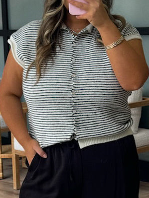 Zuri Button-Front Knit Top | Ivory/Black Stripe | RESTOCK