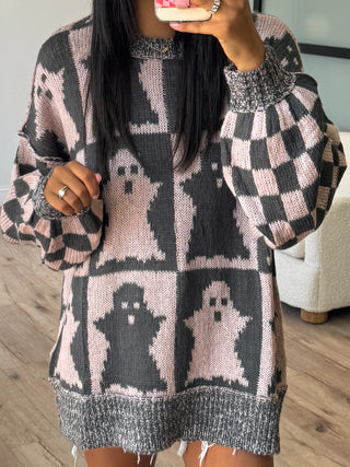 Oversized Checkered Ghost Sweater | Blush/Charcoal