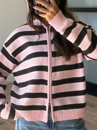 Aylia Zip-Up Knit Hoodie | Blush Truffle