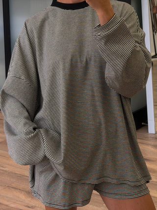 Easy Going Ribbed Stripe Pullover | Black | +Plus Available