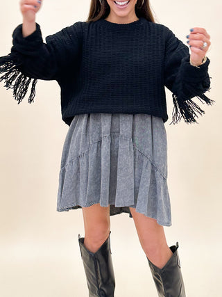 Chenille Knit Fringe Sleeve Sweater | Black | FINAL SALE