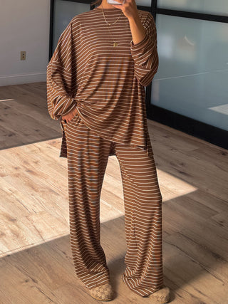 Homebody Stripe Ribbed Set | Latte | +Plus Available | PREORDER