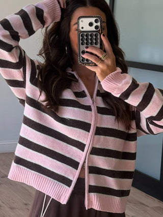 Aylia Zip-Up Knit Hoodie | Blush Truffle